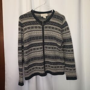Vintage Rosanna Womens Nordic Zip Cardigan Sweater Med Lambswool Gray Fair Isle